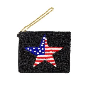 Black USA American Flag Stars Stripes Seed Beaded Mini Pouch Statement Bag Zip